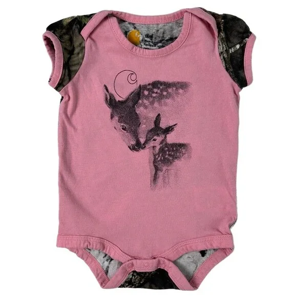 CARHARTT Pink Mossy Oak Hunting Deer Graphic Camo Sleeve Infant Girl Bodysuit 6M - Picture 1 of 13